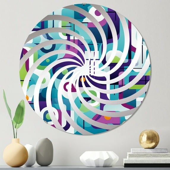 Designart "Adventurous Groovy Grid in Green and Purple III" Geometric Vortex Round Wall Mirror - Oval Printed Decorative Mirror - Multiple Color Options