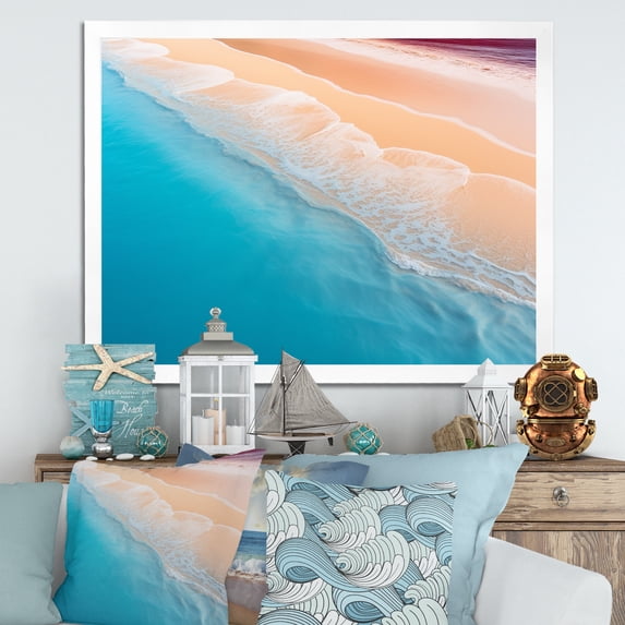 Designart "Aerial Majesty Tropical Beach Waves I" Beach Framed Wall Art Decor - Coastal Beige Beach & Ocean Hallway Framed Wall Art Decor