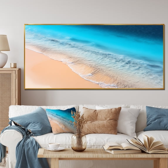 Designart "Aerial Majesty Tropical Beach Waves IV" Oversized Beach Framed Wall Art - Coastal Beige Beach & Ocean Hallway Framed Wall Art Decor