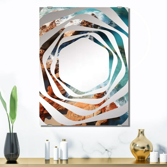 Designart "Aerial Perspective Rocky Beach in Blue and Orange V" Coastal Beach Oversized Wall Mirror - Coastal Beach Office Mirror Wall Decor - Multiple Color Options
