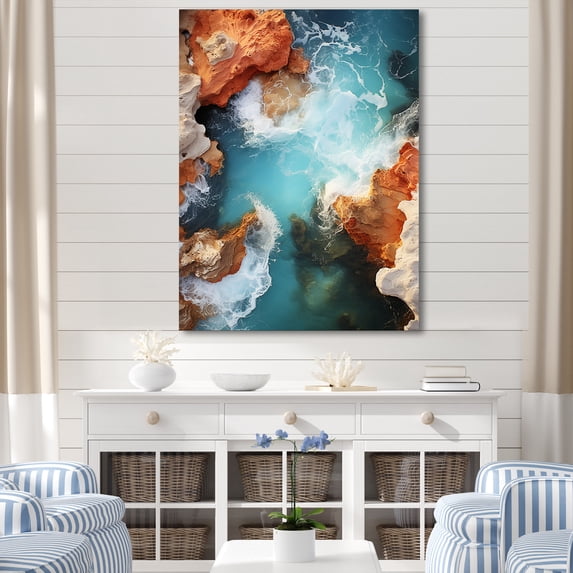 Designart "Aerial Perspective Rocky Beach in Blue and Orange IV" Coastal Canvas Wall Art - Coastal White Coastal Beach Living Room Canvas Art