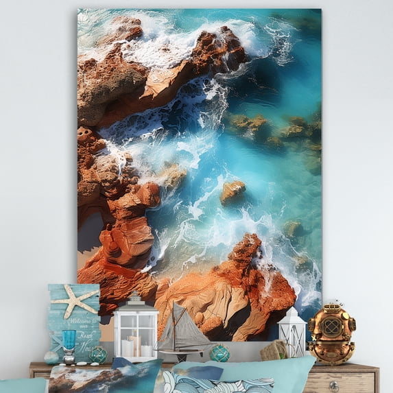 Designart "Aerial Perspective Rocky Beach in Blue and Orange V" Coastal Canvas Wall Art - Coastal White Coastal Beach Bedroom Canvas Wall Art