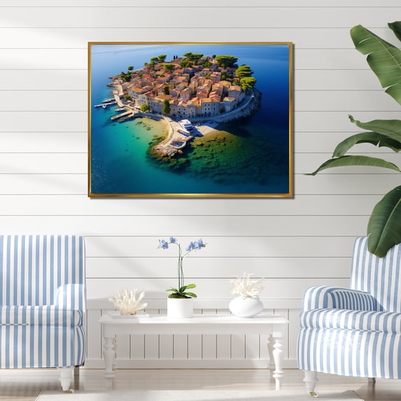 Designart "Aerial View Beach Village in South of France III" Beach Framed Wall Art - Coastal Blue Beach & Ocean Bedroom Framed Canvas Wall Art