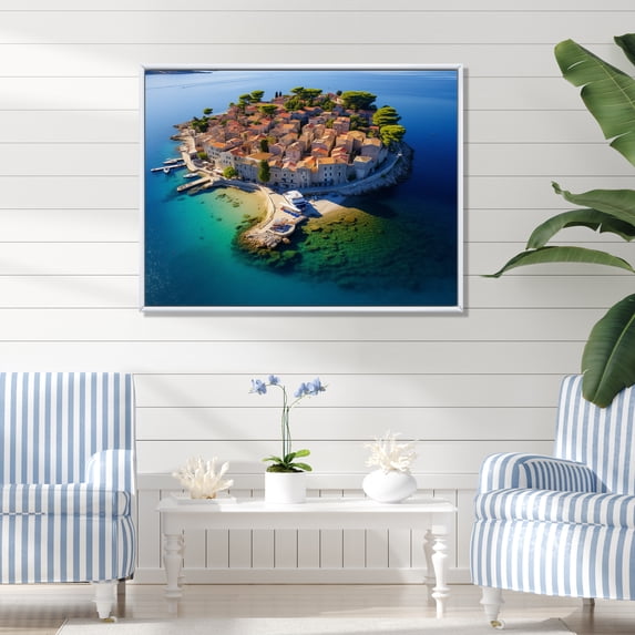 Designart "Aerial View Beach Village in South of France III" Beach Framed Wall Art - Coastal Blue Beach & Ocean Bedroom Framed Canvas Wall Art