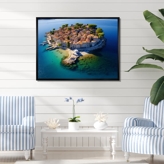 Designart "Aerial View Beach Village in South of France III" Beach Framed Wall Art - Coastal Blue Beach & Ocean Bedroom Framed Canvas Wall Art