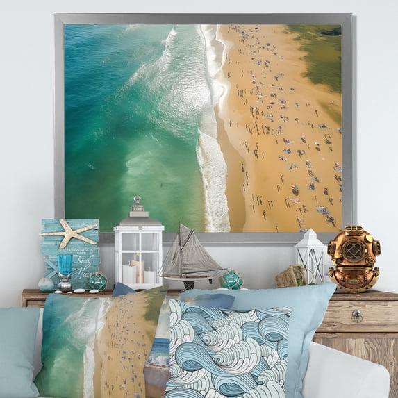 Designart "Aerial View Green Coastal Beach III" Beach Framed Wall Art Decor - Coastal Beige Beach & Ocean Entryway Framed Wall Art Print