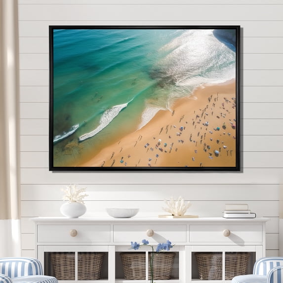 Designart "Aerial View Green Coastal Beach V" Beach Framed Wall Art - Coastal Beige Beach & Ocean Living Room Framed Canvas Art