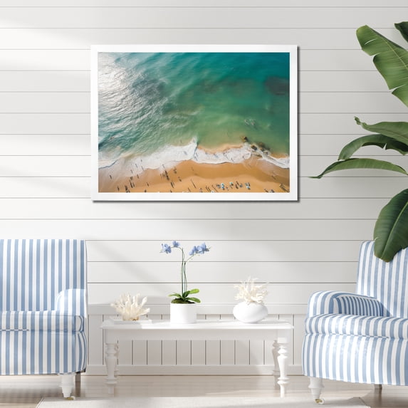 Designart "Aerial View Green Coastal Waves I" Beach Framed Wall Art Decor - Coastal Beige Beach & Ocean Entryway Framed Wall Art Print