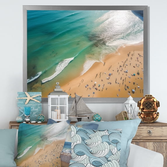 Designart "Aerial View Green Coastal Waves III" Beach Framed Wall Art Decor - Coastal Beige Beach & Ocean Living Room Framed Canvas Art