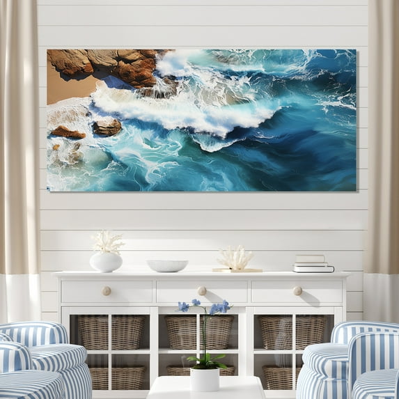 Designart "Aerial View Skyblue Coastal Waves I" Oversized Coastal Wall Art - Coastal Blue Coastal Beach Hallway Wall Art Decor