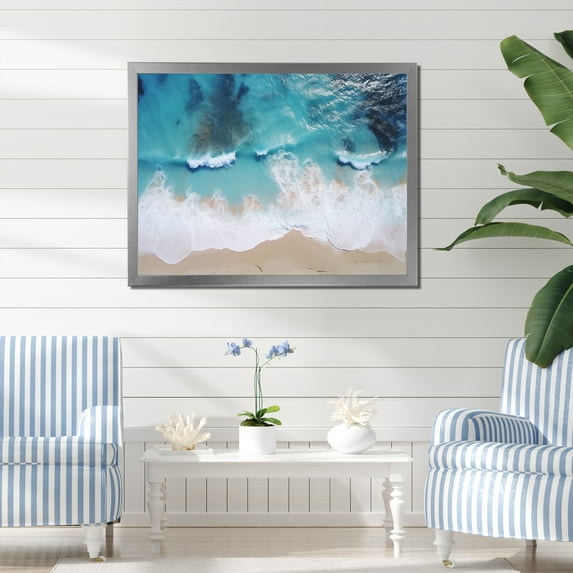 Designart "Aerial View Waves of White and Blue I" Coastal Framed Wall Art Decor - Coastal Blue Coastal Beach Entryway Framed Wall Art