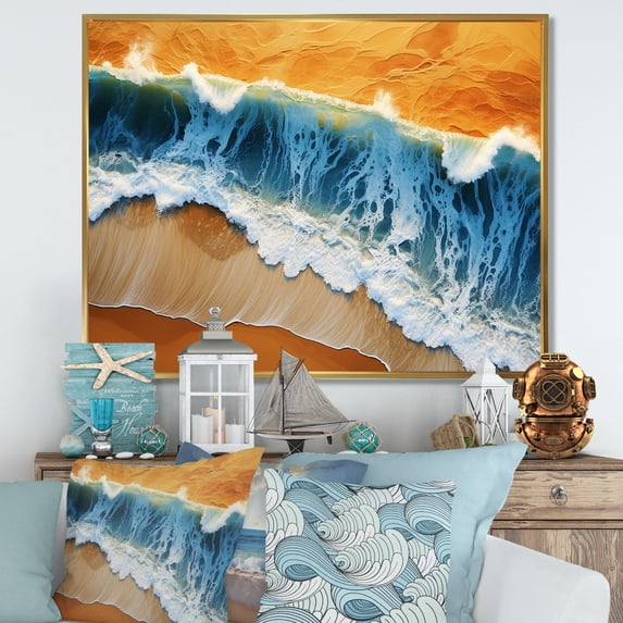 Designart "Aerial View of Beach in Blue and Orange I" Coastal Framed Wall Art - Coastal Blue Coastal Beach Living Room Framed Canvas Art