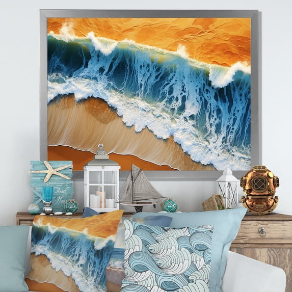 Designart "Aerial View of Beach in Blue and Orange I" Coastal Framed Wall Art Decor - Coastal Blue Coastal Beach Living Room Framed Canvas Art