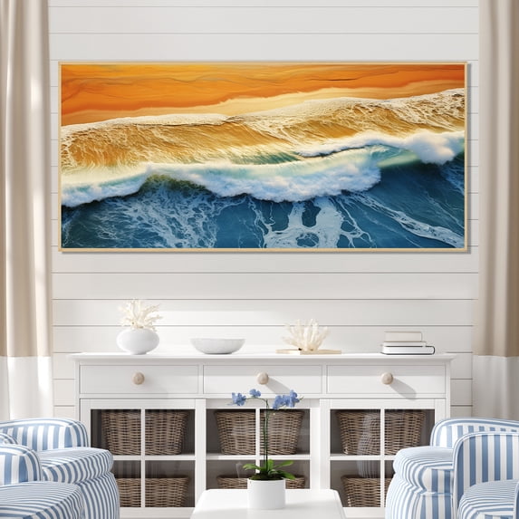 Designart "Aerial View of Beach in Blue and Orange II" Oversized Coastal Framed Wall Art - Coastal Blue Coastal Beach Bedroom Framed Canvas Wall Art