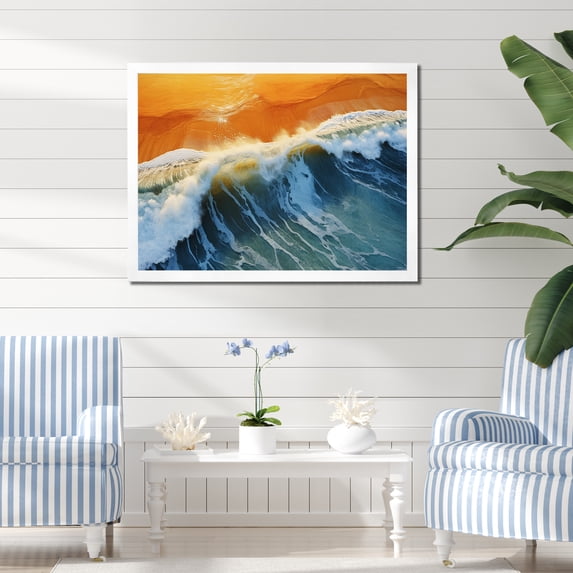Designart "Aerial View of Beach in Blue and Orange V" Coastal Framed Wall Art Decor - Coastal Blue Coastal Beach Bedroom Framed Canvas Wall Art