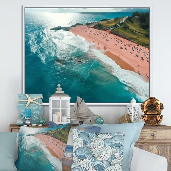 Designart "Aerial View of Beach in Blue and Pink IV" Beach Framed Wall Art - Coastal Pink Beach & Ocean Entryway Framed Wall Art Print