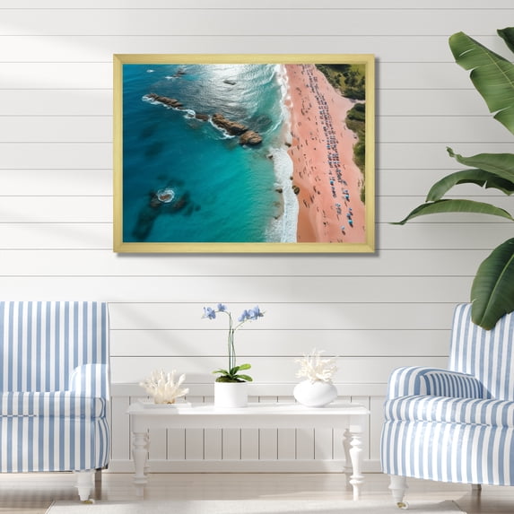 Designart "Aerial View of Beach in Blue and Pink V" Beach Framed Wall Art Decor - Coastal Pink Beach & Ocean Entryway Framed Wall Art Print