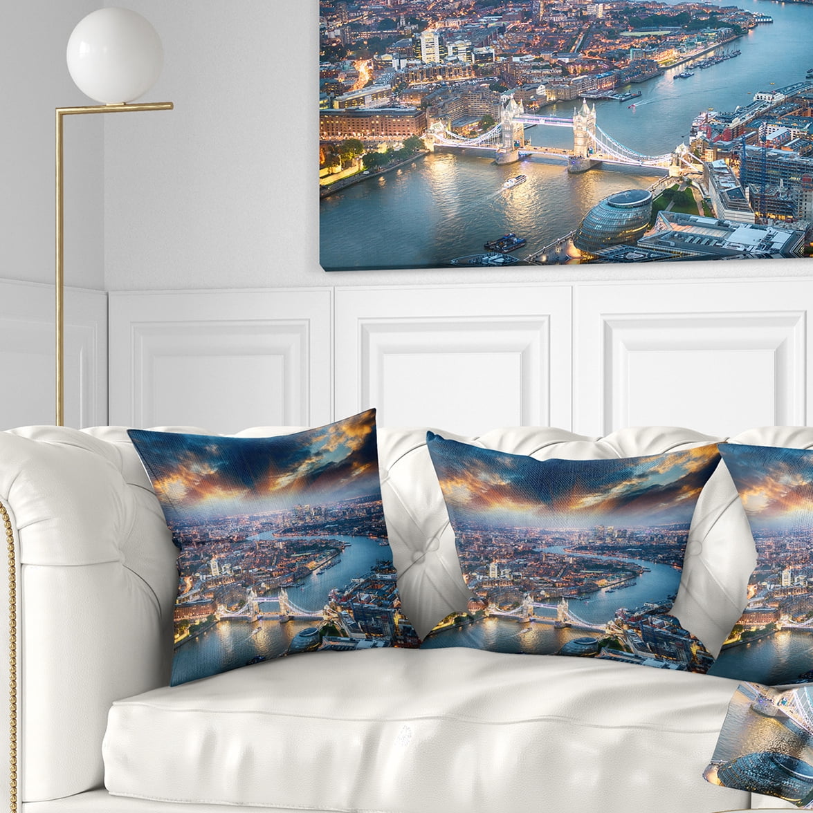 Designart Aerial View of London at Dusk - Cityscape Photo Throw Pillow - 16x16