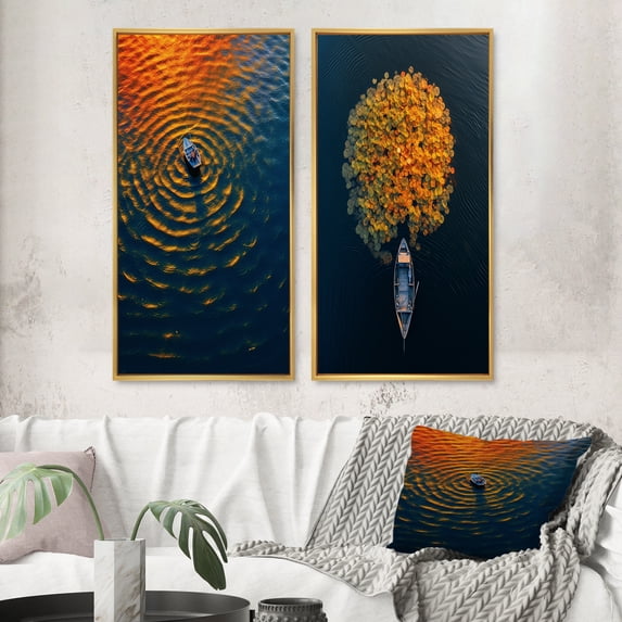 Designart "Aerial View of a Small Boat on a Calm Lake II" Boat Framed Wall Art Set Of 2 - Modern Blue Frame Gallery Set For Office Decor