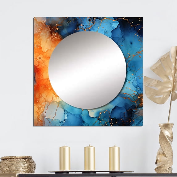 Designart "Affection Essence Blue And Tangerine Marble Art I" Abstract Painting Blue Large Square Mirror - Square Bedroom Mirror Printed Wall Decor - Modern Square Printed Wall Mirror Art