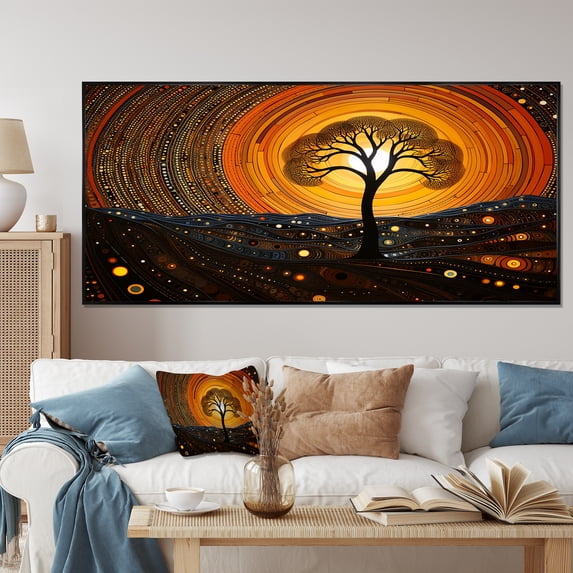 Designart "African Acacia Tree in Desert Landscape II" Extra Large Floral Framed Wall Art - Global Black Tree African Entryway Framed Wall Art