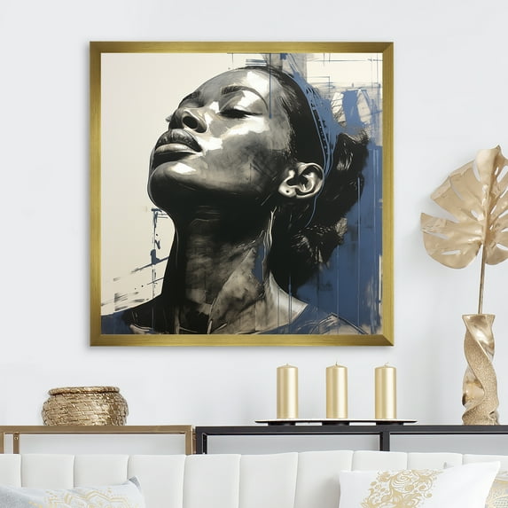Designart "African American Portrait in Blue and Grey" Fashion Framed Wall Art Decor - Glam Blue Woman African American Hallway Framed Wall Art Decor