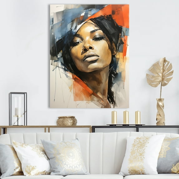 Designart "African American Woman Beauty in Orange & Blue I" Fashion Canvas Wall Art - Glam Orange Woman African American Entryway Wall Art Print