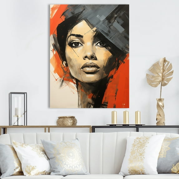 Designart "African American Woman Beauty in Orange & Blue II" Fashion Canvas Wall Art - Glam Orange Woman African American Entryway Wall Art