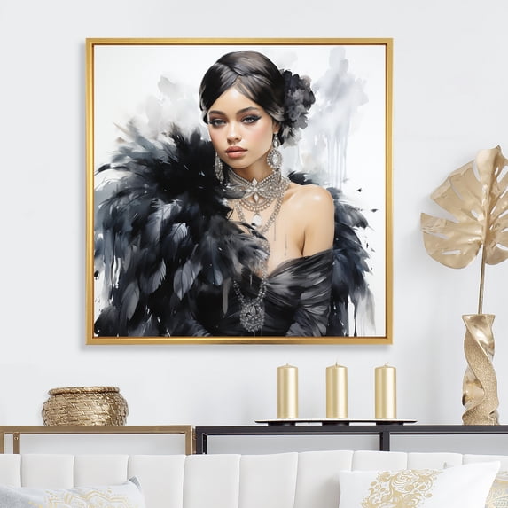 Designart "African American Woman Portrait Jazz Age Elegance I" Fashion Framed Wall Art - Black Fashion Woman Bedroom Framed Canvas Wall Art