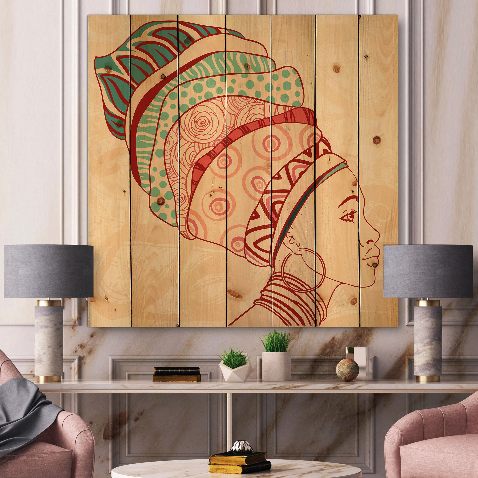 Designart 'African American Woman Portrait with Turban II' Modern Print on Natural Pine Wood