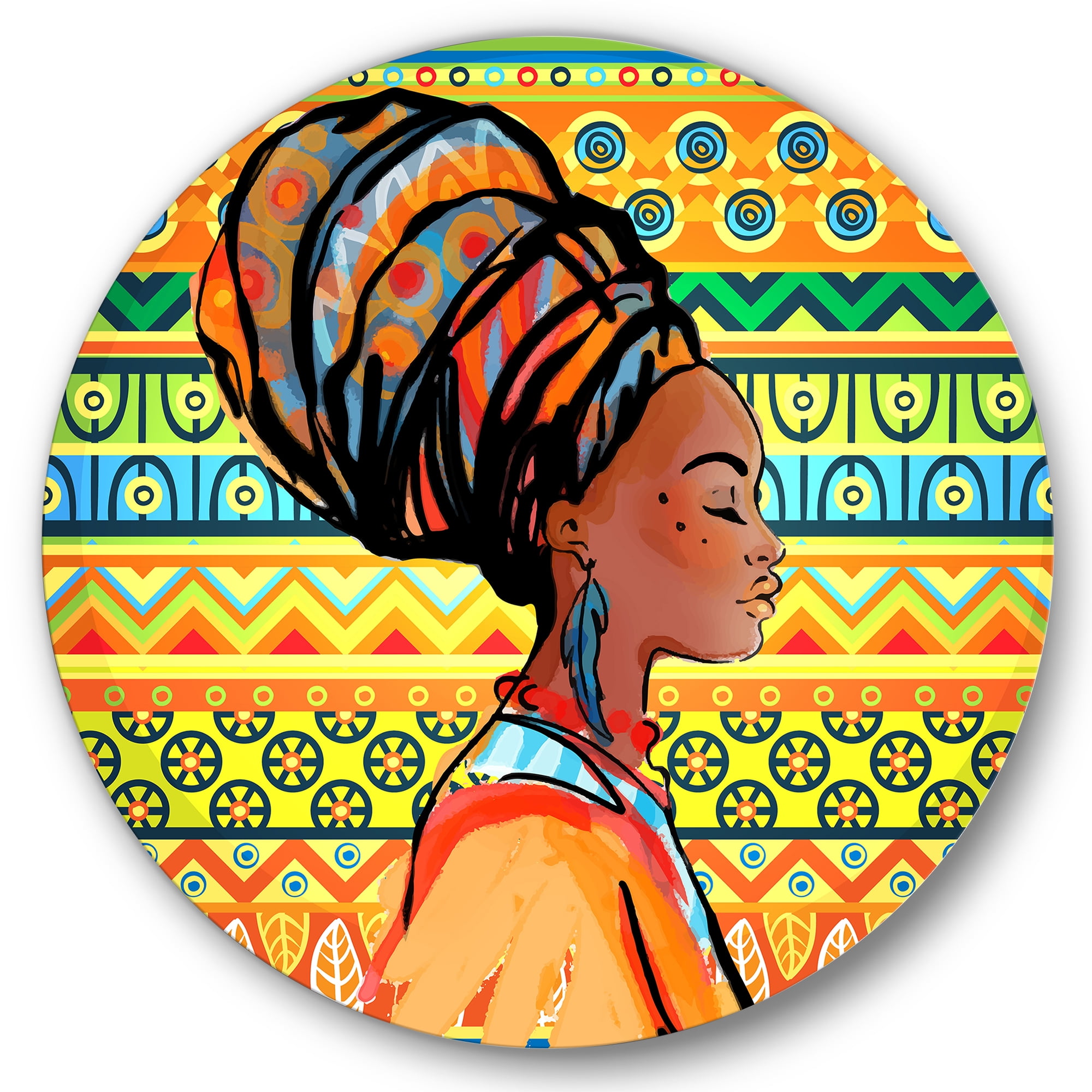 Designart 'African American Woman Portrait with Turban III' Modern Circle Metal Wall Art 29x29 - Disc of 29