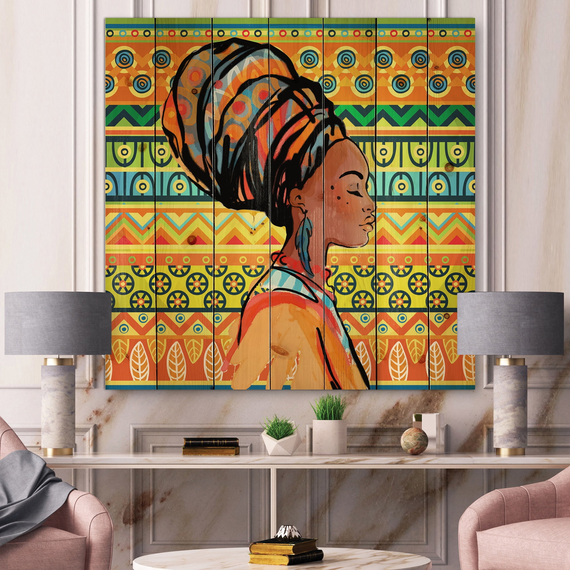 Designart 'African American Woman Portrait with Turban III' Modern Print on Natural Pine Wood