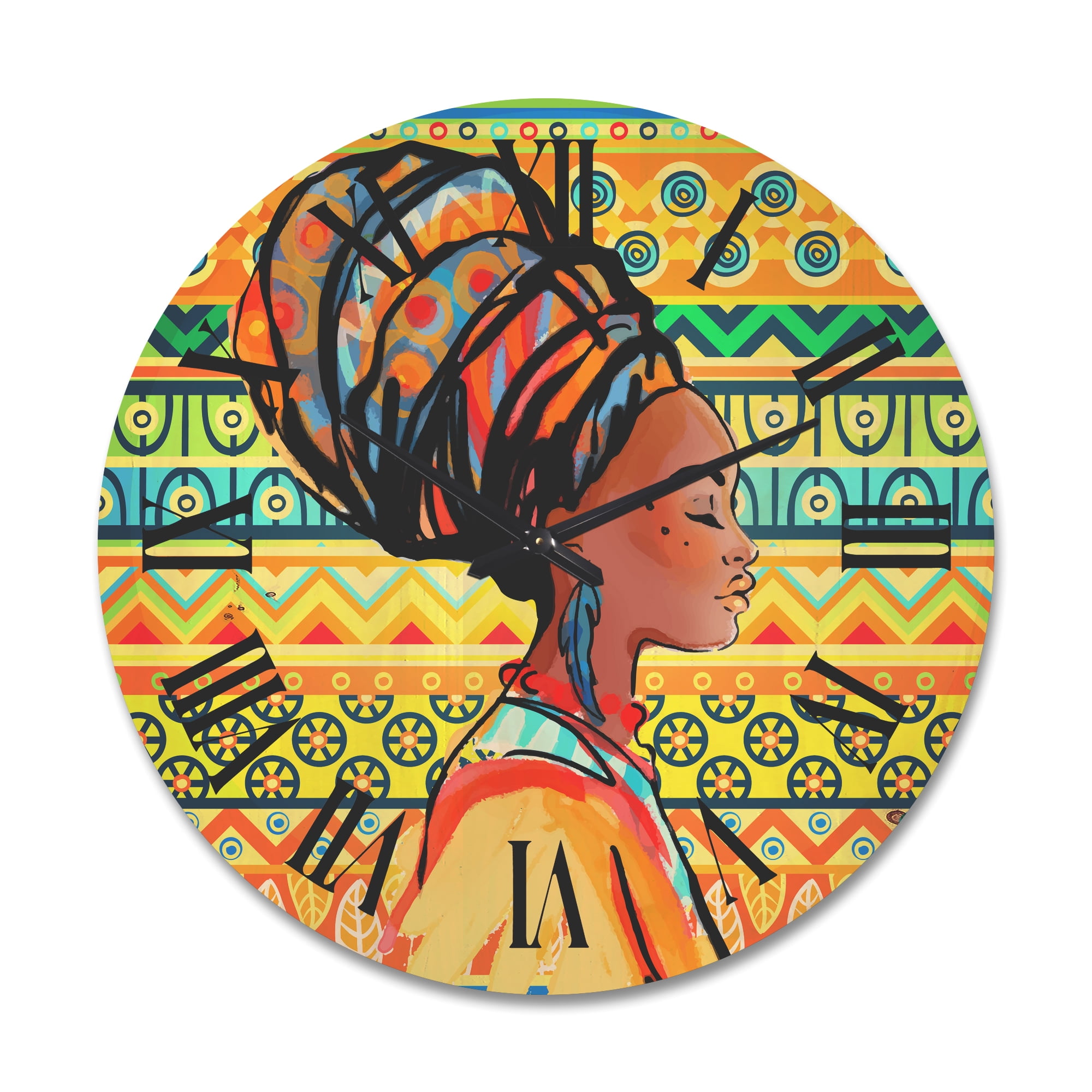 Designart 'African American Woman Portrait with Turban III' Modern Wood Wall Clock