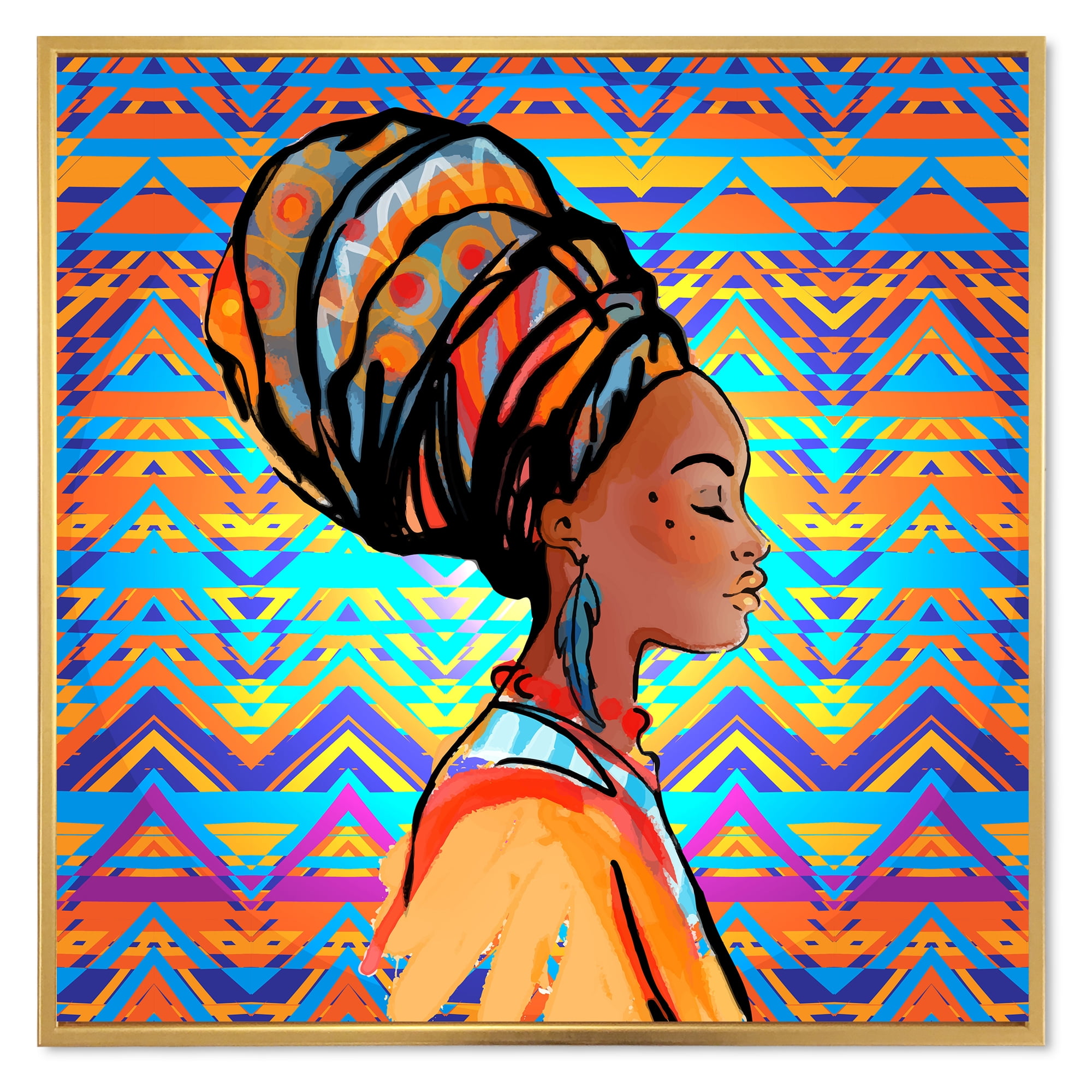 Designart 'African American Woman Portrait with Turban IV' Modern Framed Canvas Wall Art Print
