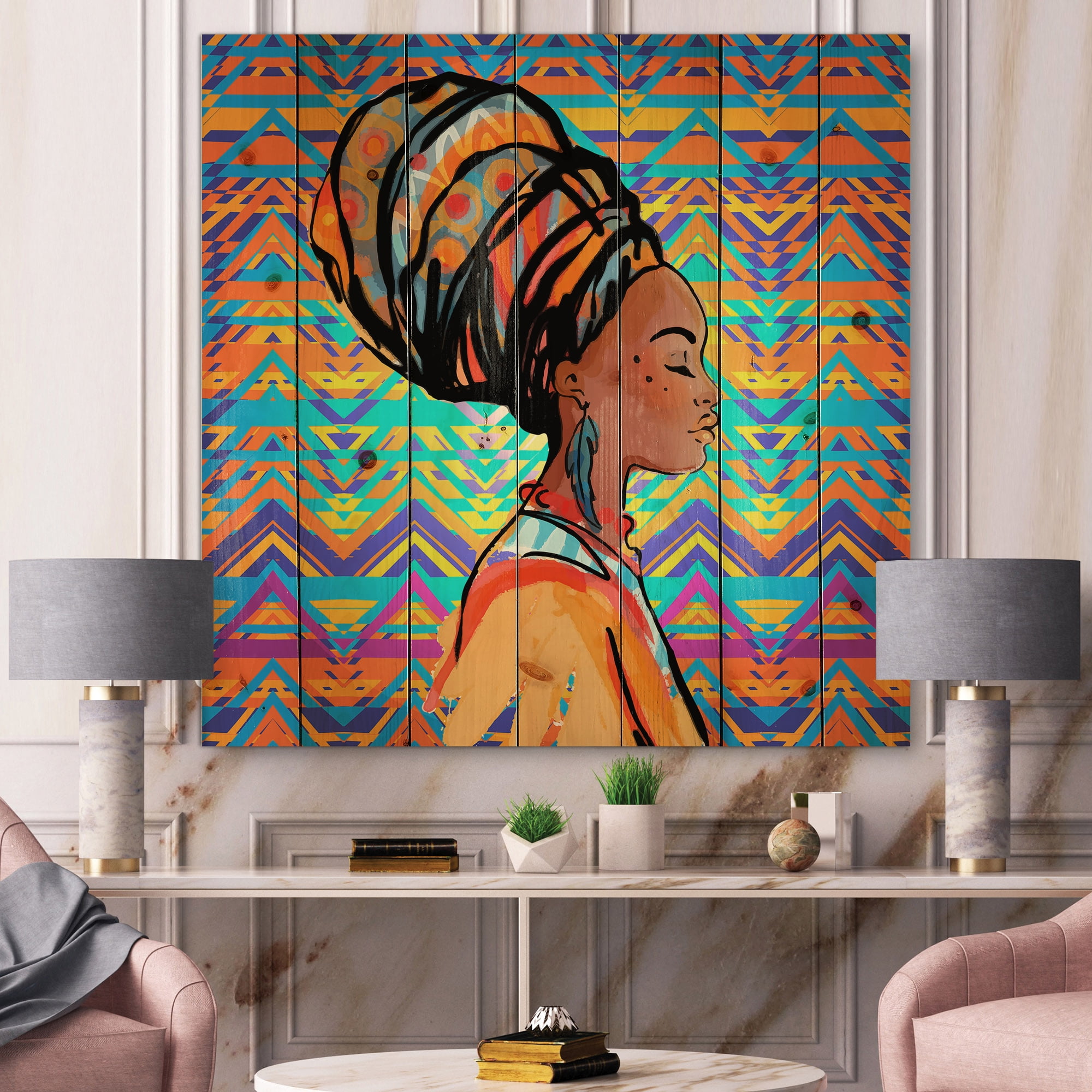 Designart 'African American Woman Portrait with Turban IV' Modern Print on Natural Pine Wood