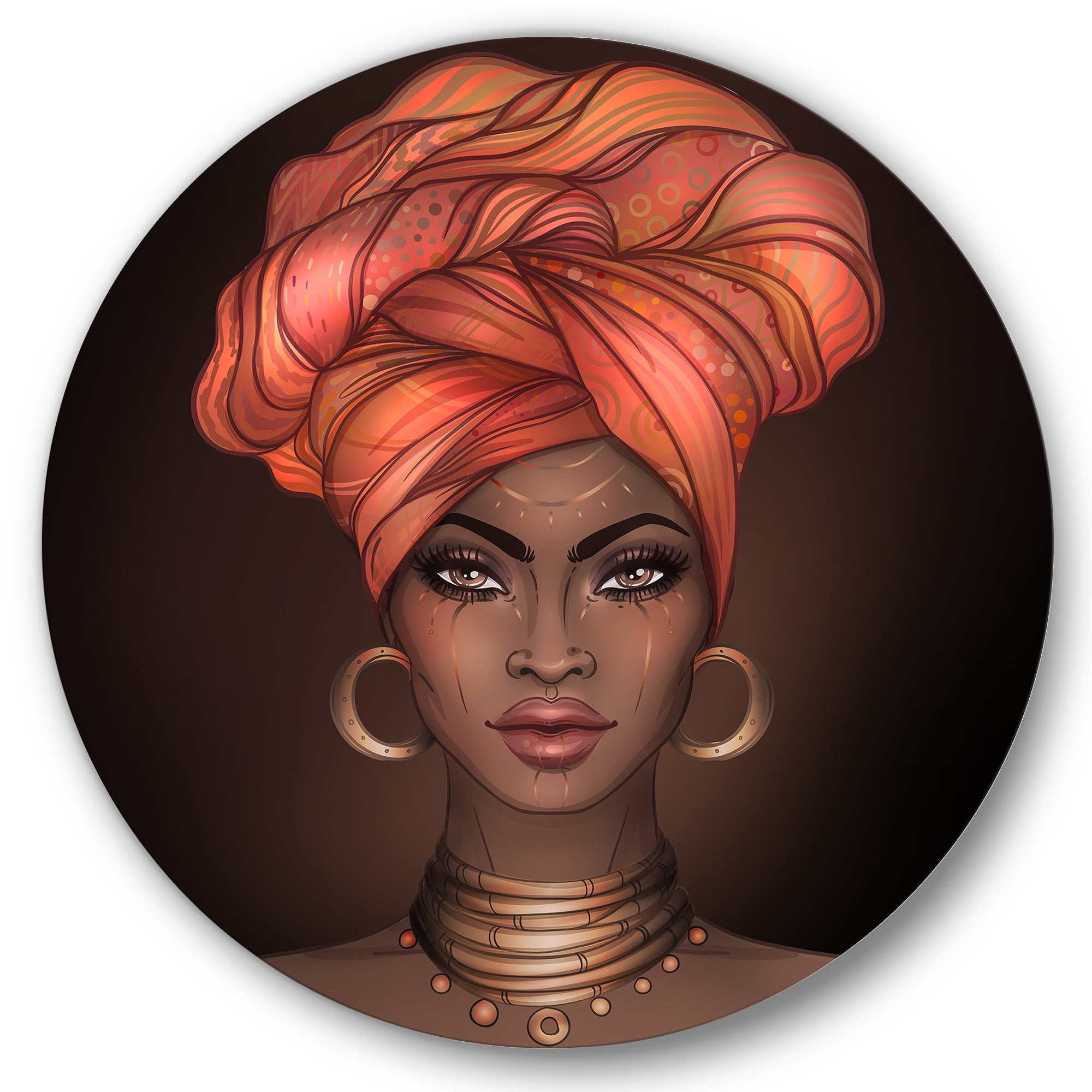 Designart 'African American Woman Portrait with Turban V' Modern Circle Metal Wall Art 36x36 - Disc of 36
