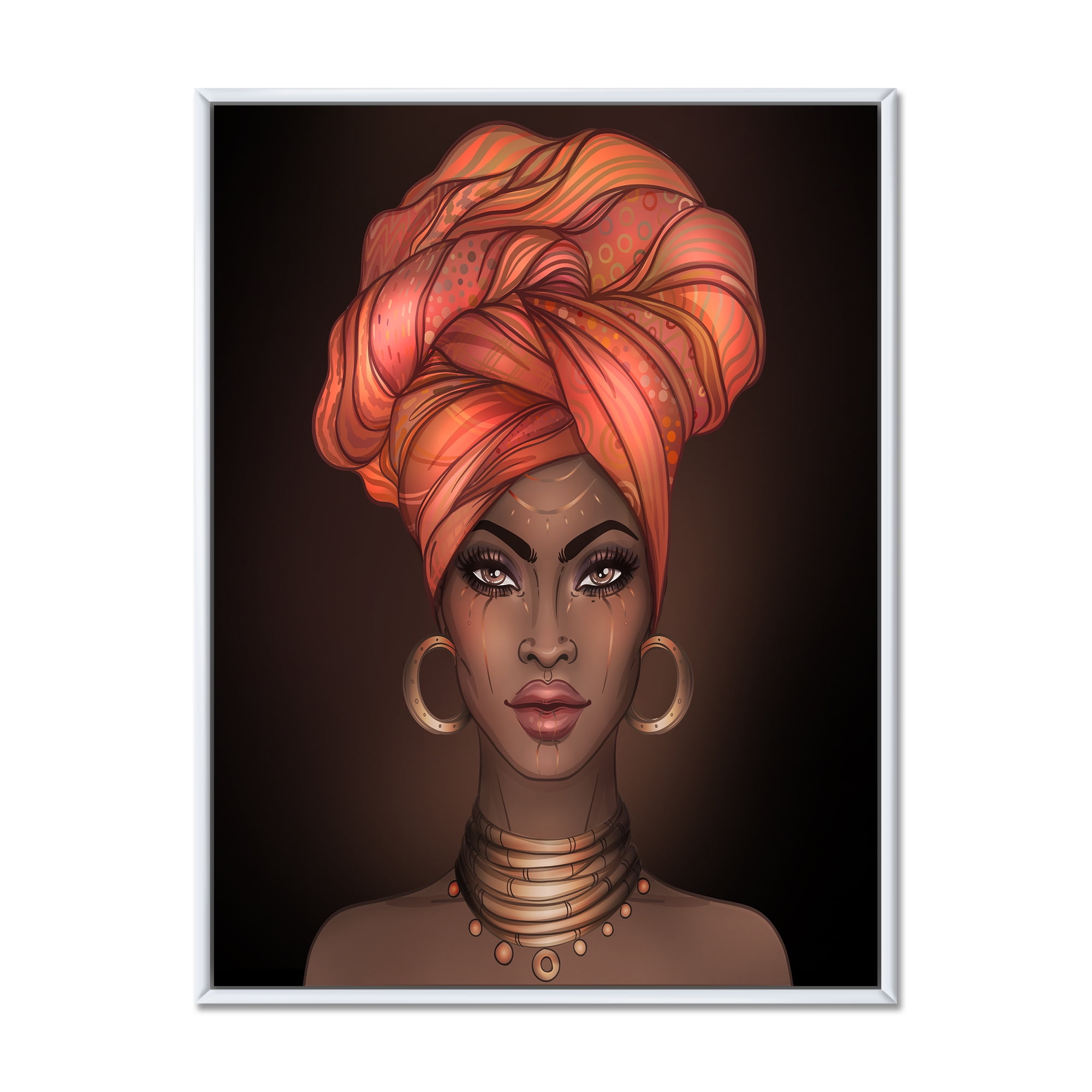 Designart 'African American Woman Portrait with Turban V' Modern Framed Canvas Wall Art Print