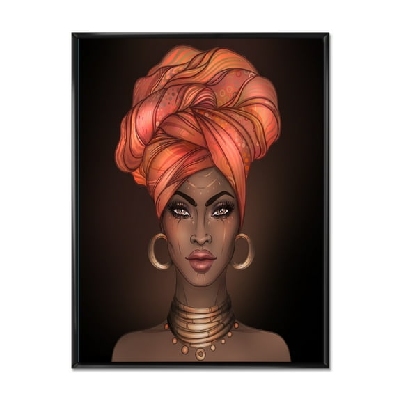 Designart 'African American Woman Portrait with Turban V' Modern Framed Canvas Wall Art Print