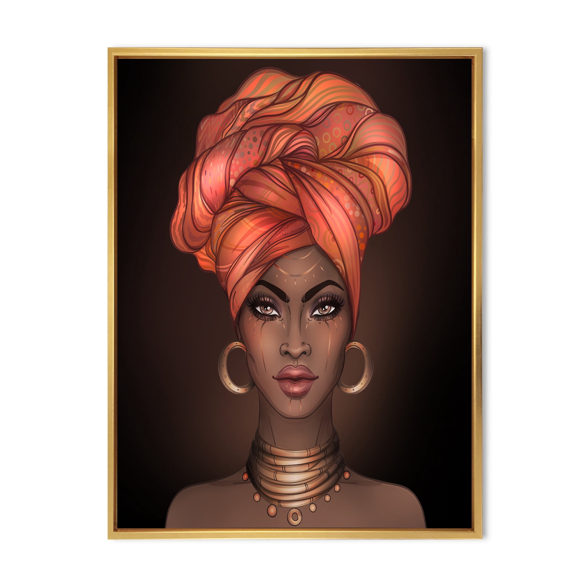 Designart 'African American Woman Portrait with Turban V' Modern Framed Canvas Wall Art Print