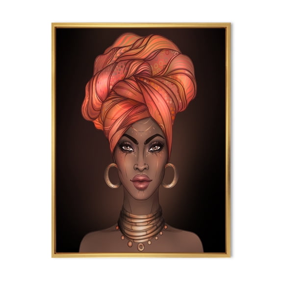 Designart 'African American Woman Portrait with Turban V' Modern Framed Canvas Wall Art Print