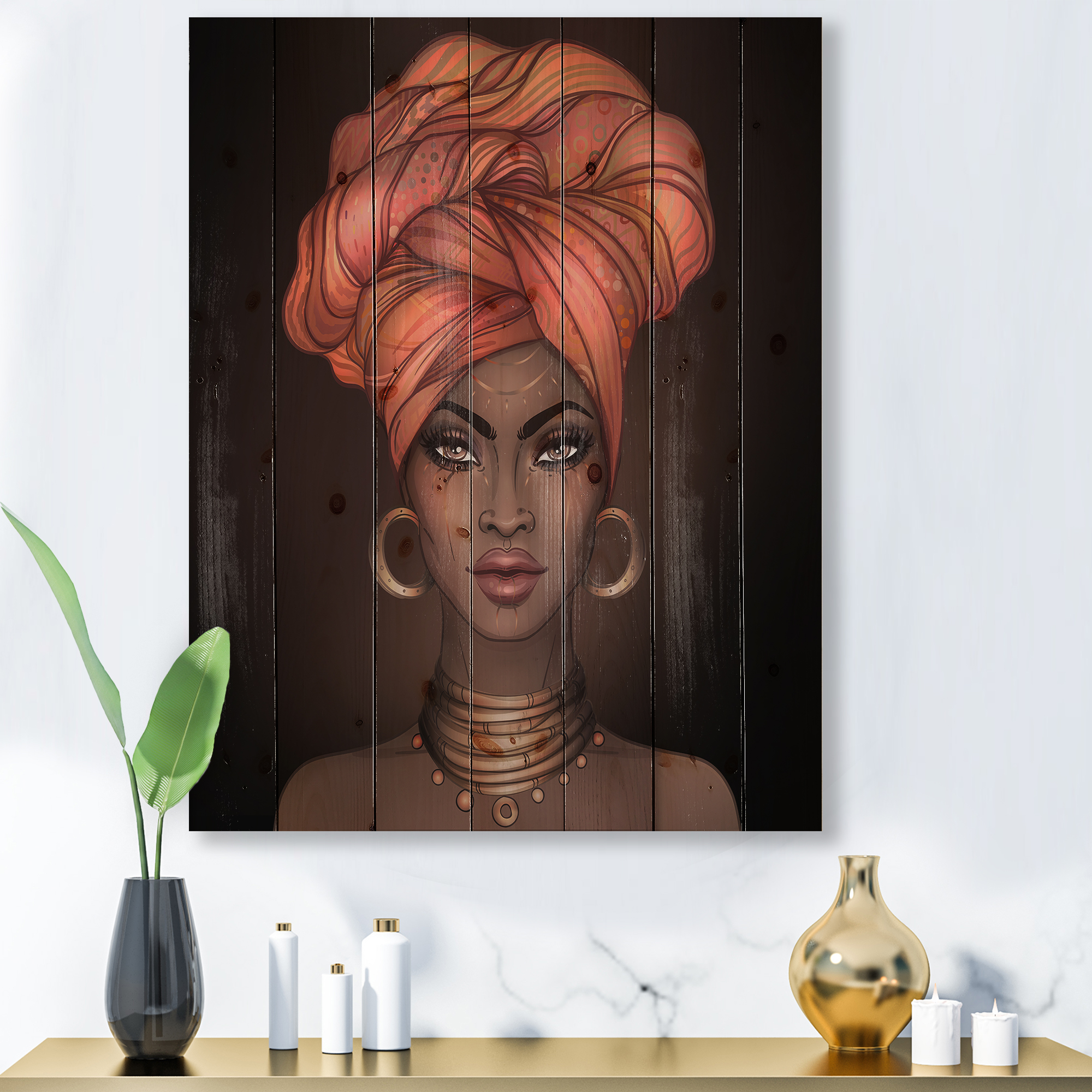 Designart 'African American Woman Portrait with Turban V' Modern Print on Natural Pine Wood