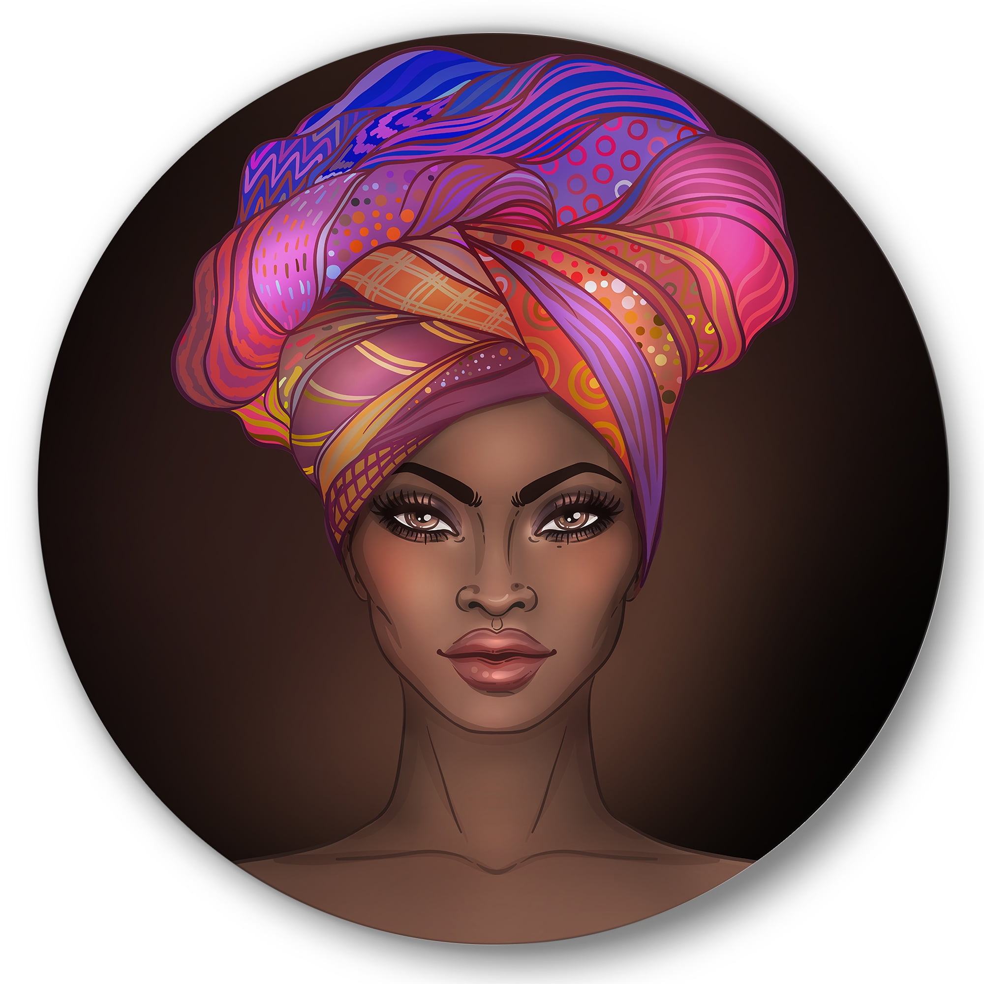 Designart 'African American Woman Portrait with Turban VI' Modern Circle Metal Wall Art 29x29 - Disc of 29