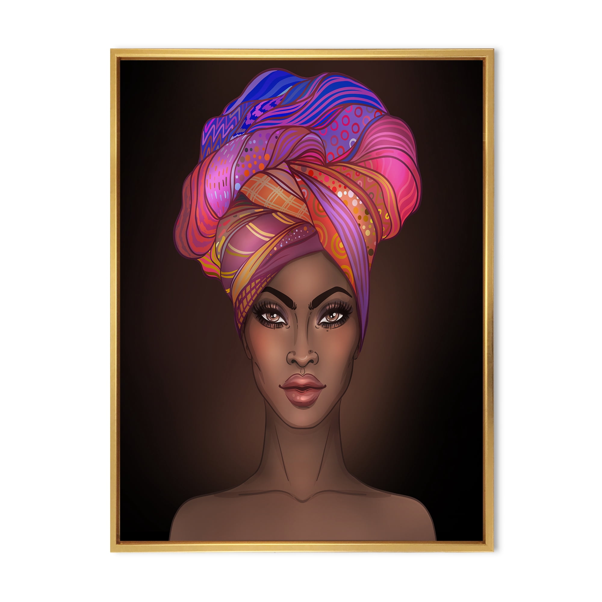 Designart 'African American Woman Portrait with Turban VI' Modern Framed Canvas Wall Art Print