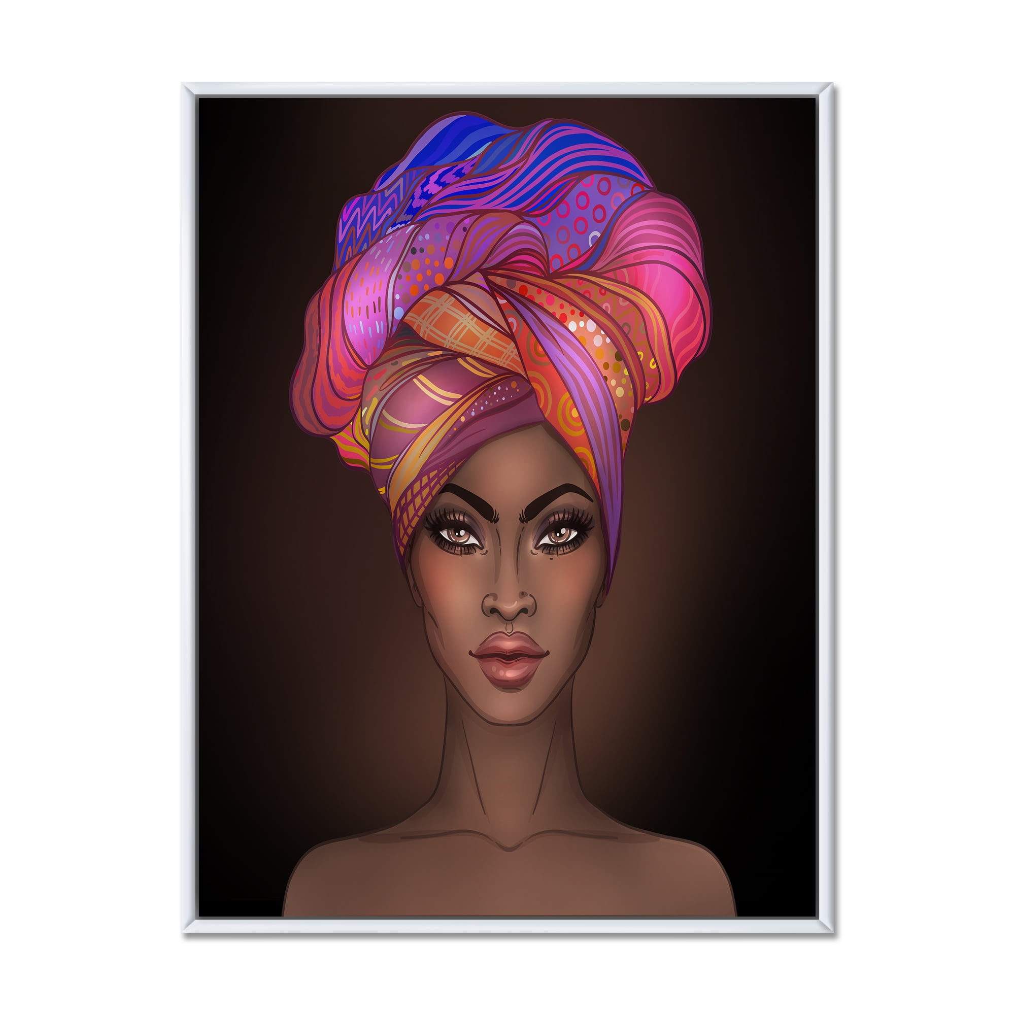 Designart 'African American Woman Portrait with Turban VI' Modern Framed Canvas Wall Art Print