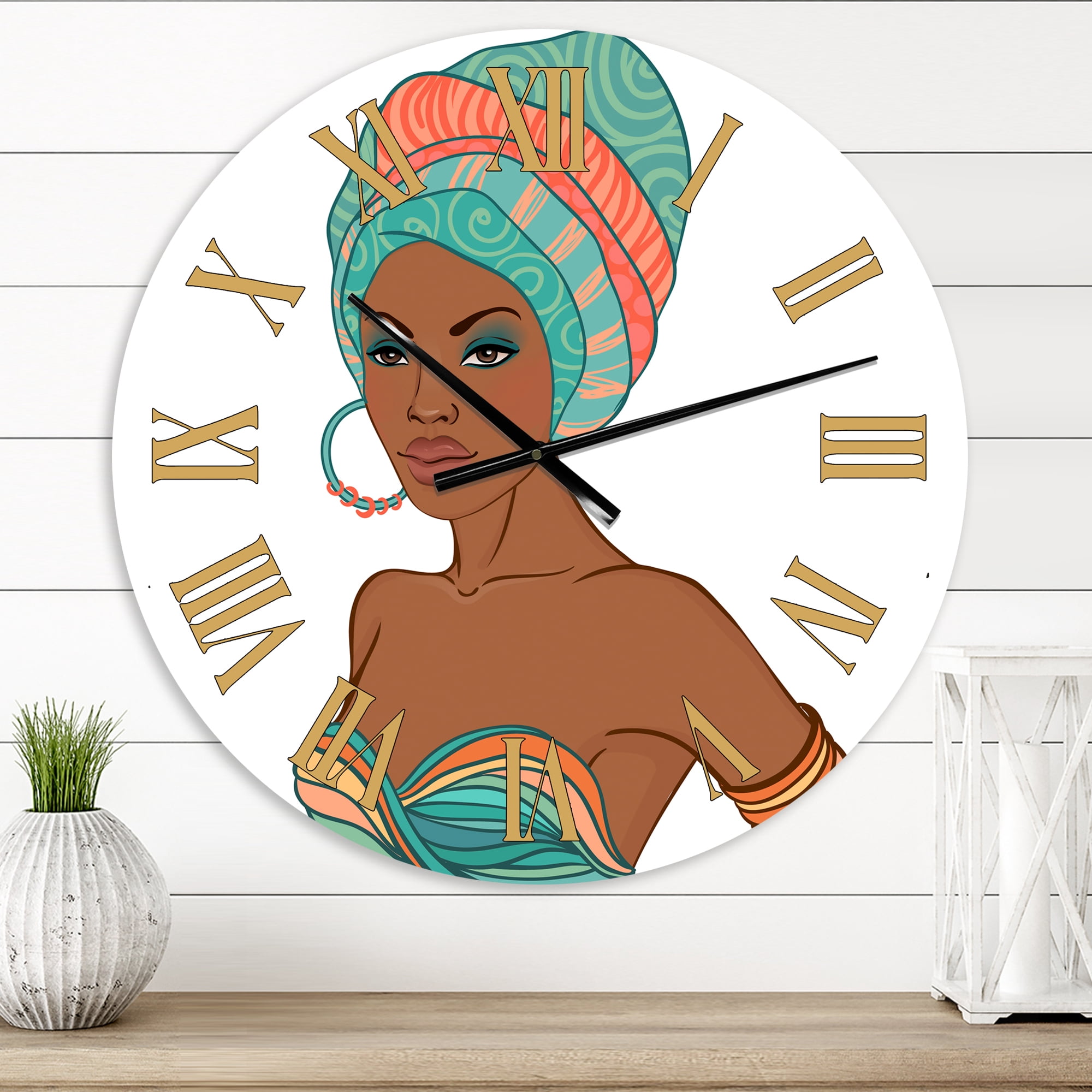 Designart 'African American Woman With Earring & Turban' Modern Wall Clock