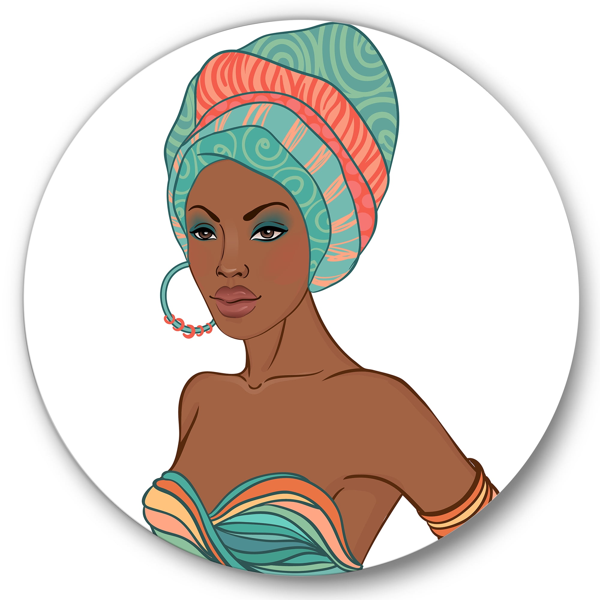 Designart 'African American Woman With Turban and Earring' Modern Circle Metal Wall Art 29x29 - Disc of 29
