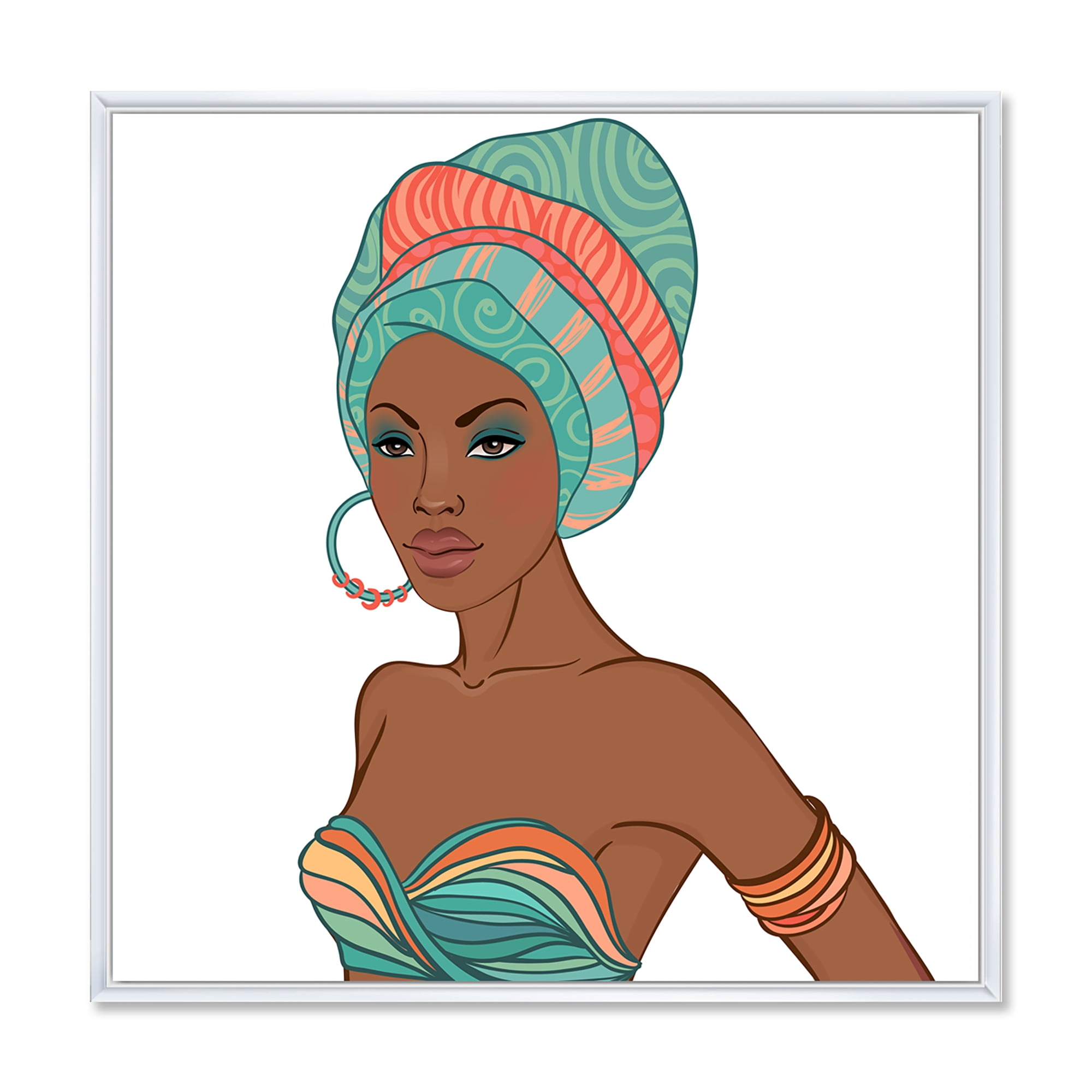 Designart 'African American Woman With Turban and Earring' Modern Framed Canvas Wall Art Print
