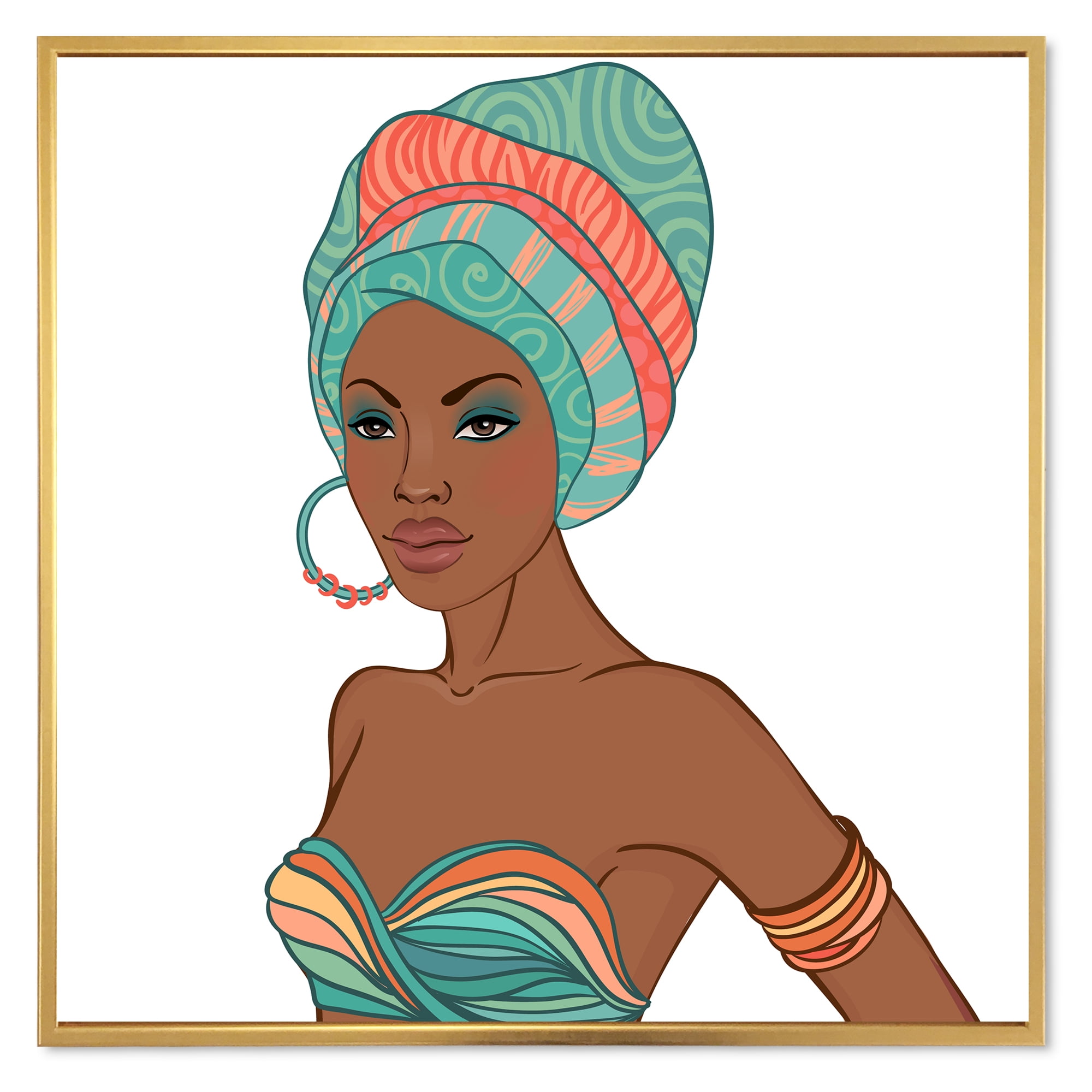 Designart 'African American Woman With Turban and Earring' Modern Framed Canvas Wall Art Print