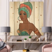 Designart 'African American Woman With Turban and Earring' Modern Print on Natural Pine Wood