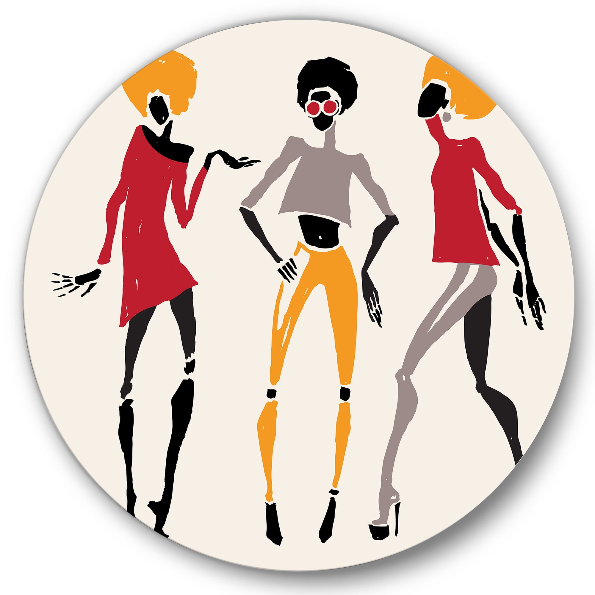 Designart 'African American Women Silhouettes Red and Yellow I' Modern Circle Metal Wall Art 29x29 - Disc of 29